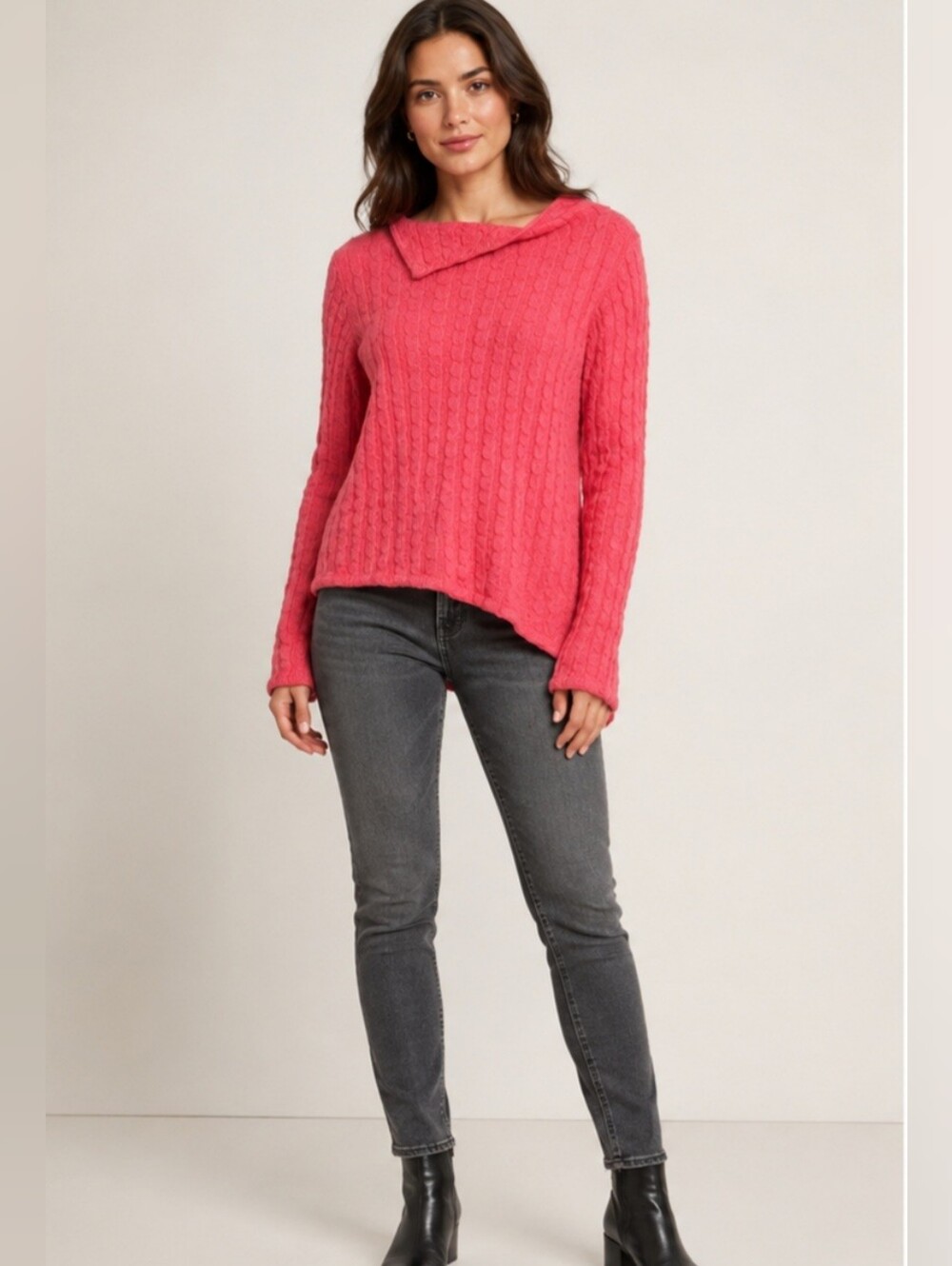 Pure Alpaca 100% Baby Alpaca Coral Cable Knit Asymmetrical Sweater S
